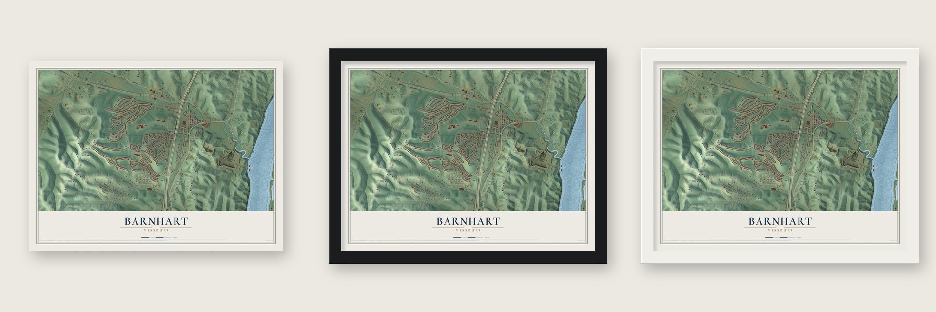 Barnhart, Missouri map unframed, in a black wood frame and in a white wood frame