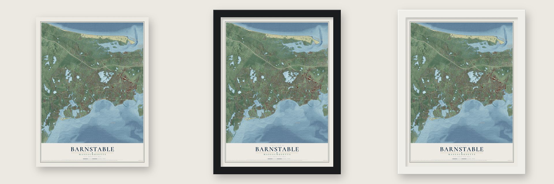 Barnstable, Massachusetts map unframed, in a black wood frame and in a white wood frame