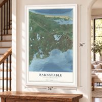 Barnstable, Massachusetts map, 24 x 36 inch print in a white frame by a staircase