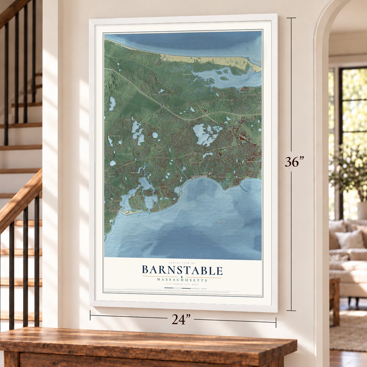 Barnstable, Massachusetts map, 24 x 36 inch print in a white frame by a staircase
