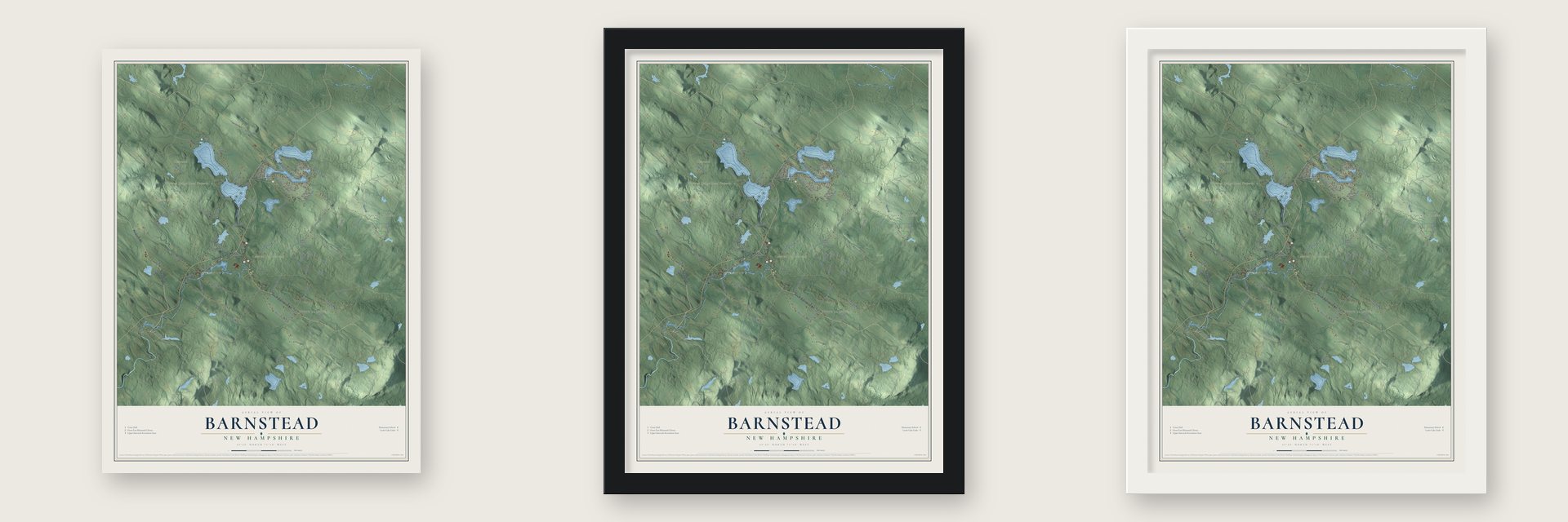 Barnstead, New Hampshire map unframed, in a black wood frame and in a white wood frame