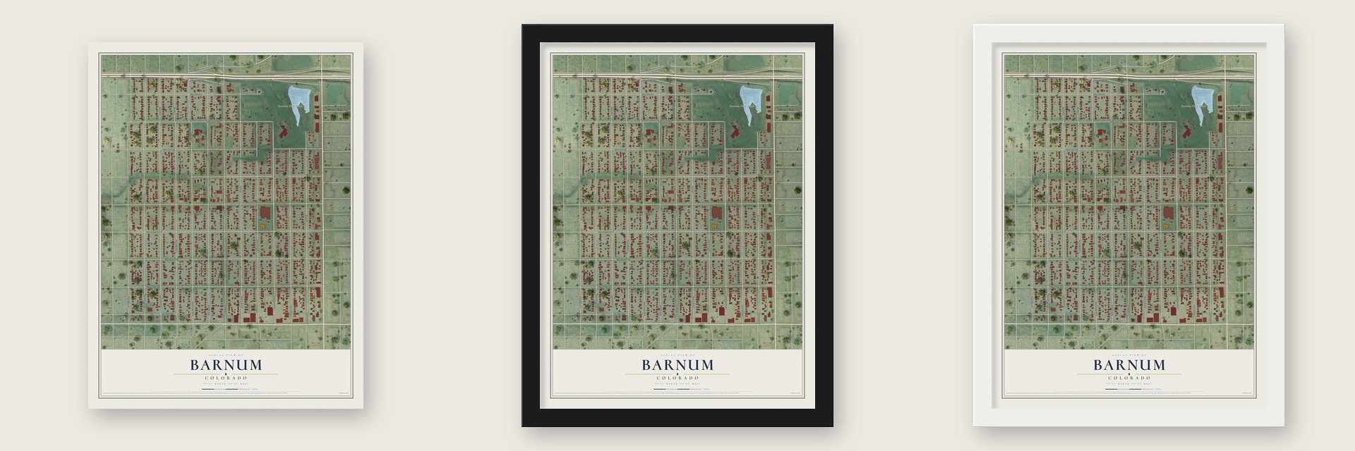 Barnum, Colorado map unframed, in a black wood frame and in a white wood frame