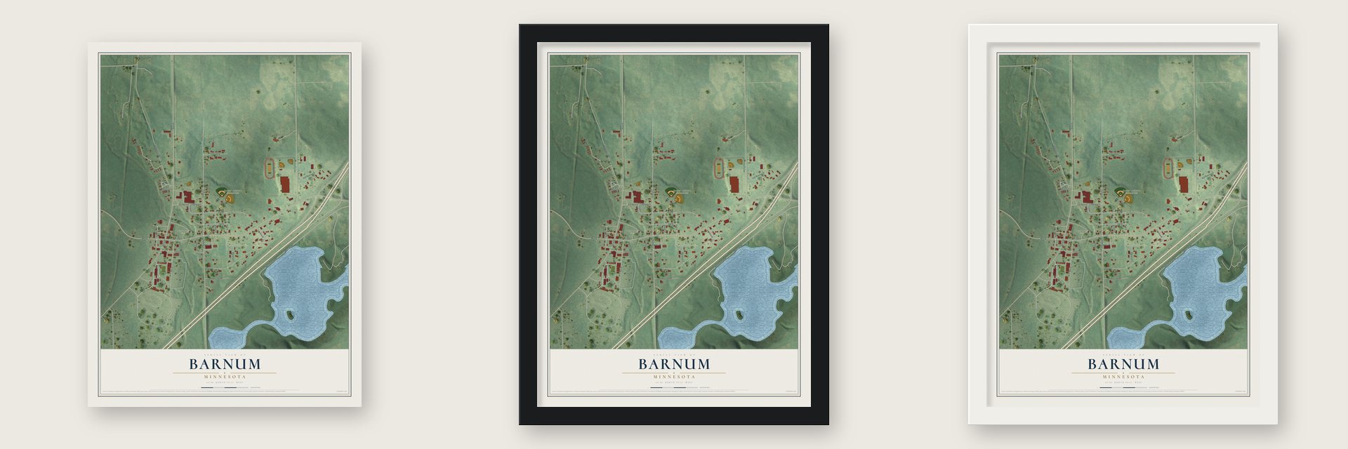 Barnum, Minnesota map unframed, in a black wood frame and in a white wood frame