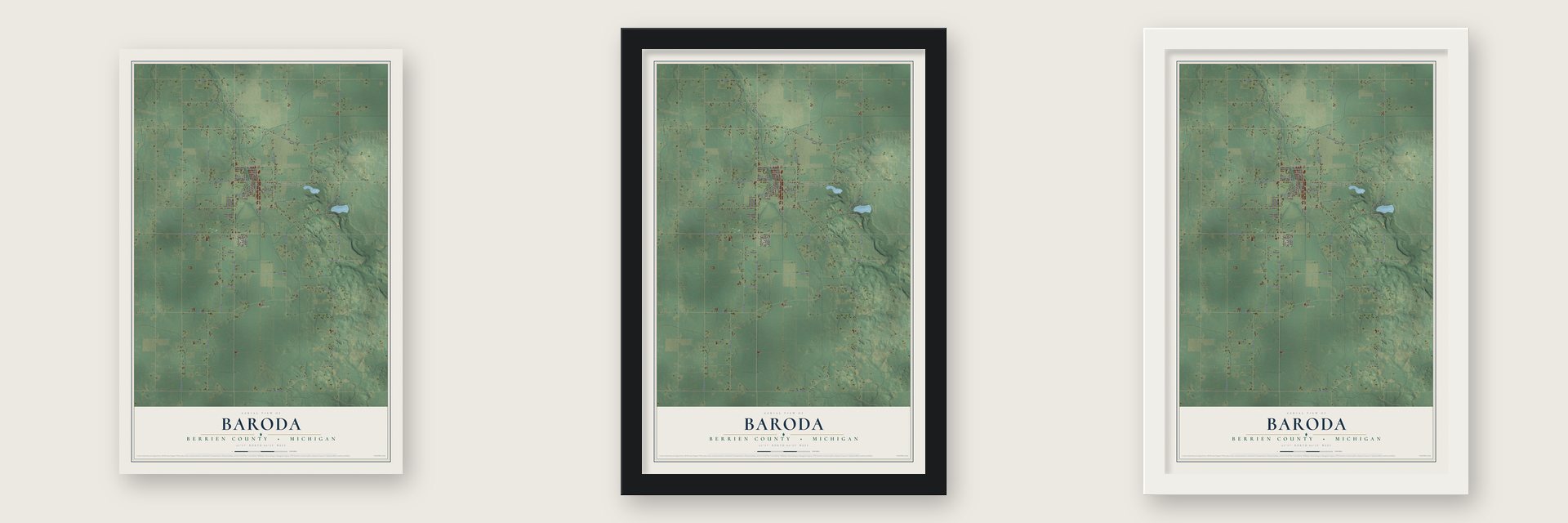 Baroda, Berrien County, Michigan map unframed, in a black wood frame and in a white wood frame