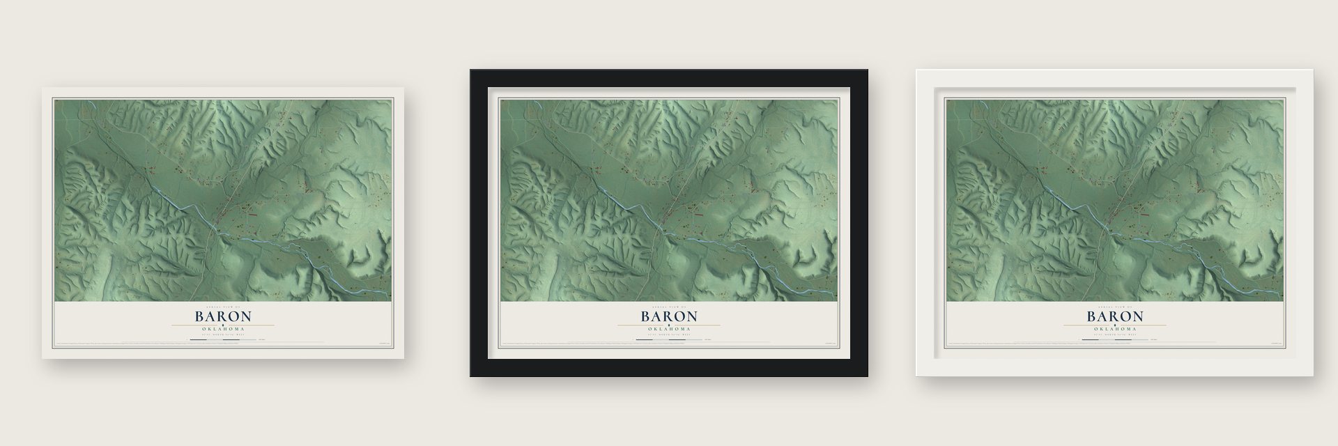 Baron, Oklahoma map unframed, in a black wood frame and in a white wood frame
