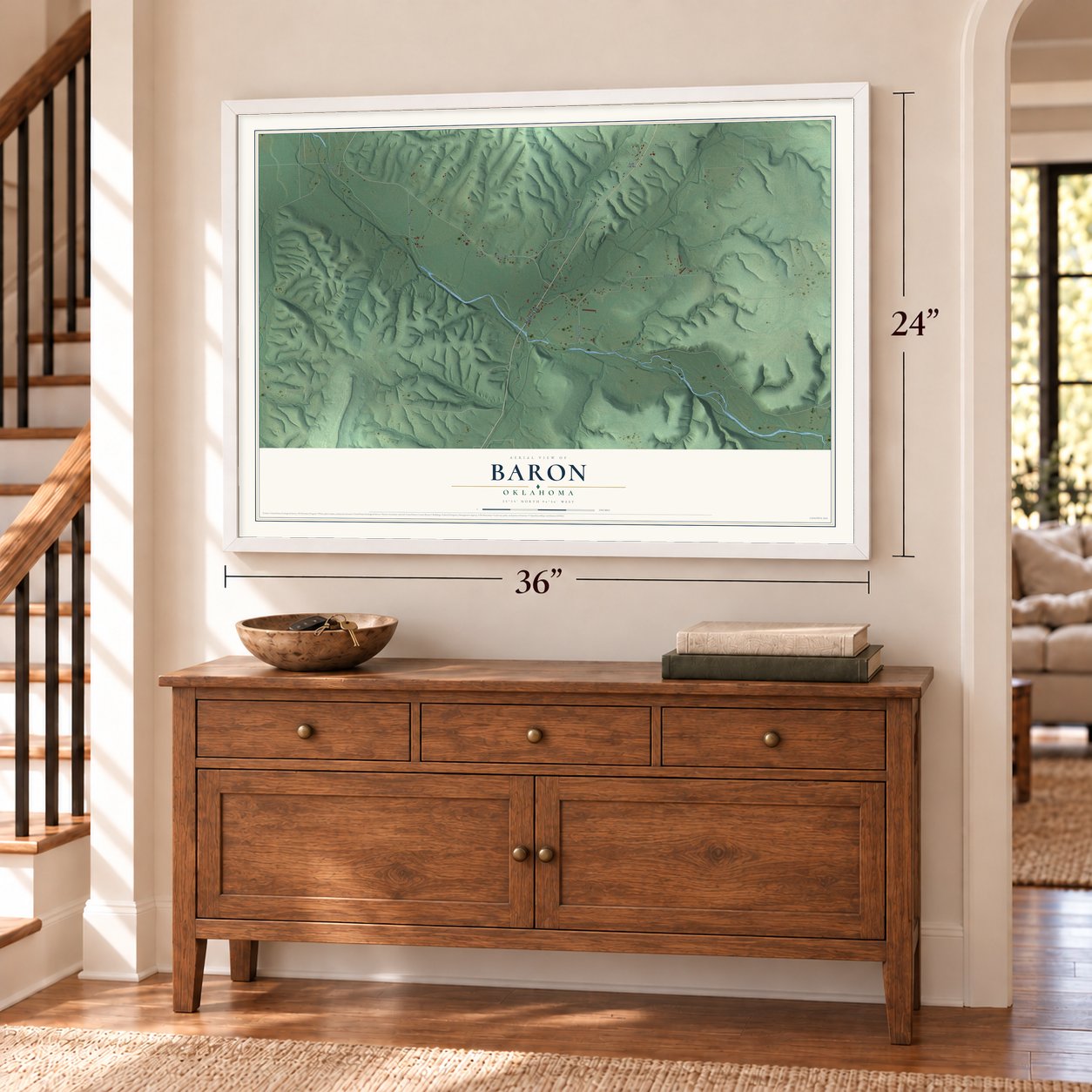 Baron, Oklahoma map, 24 x 36 inch print in a white frame above a dresser by a staircase