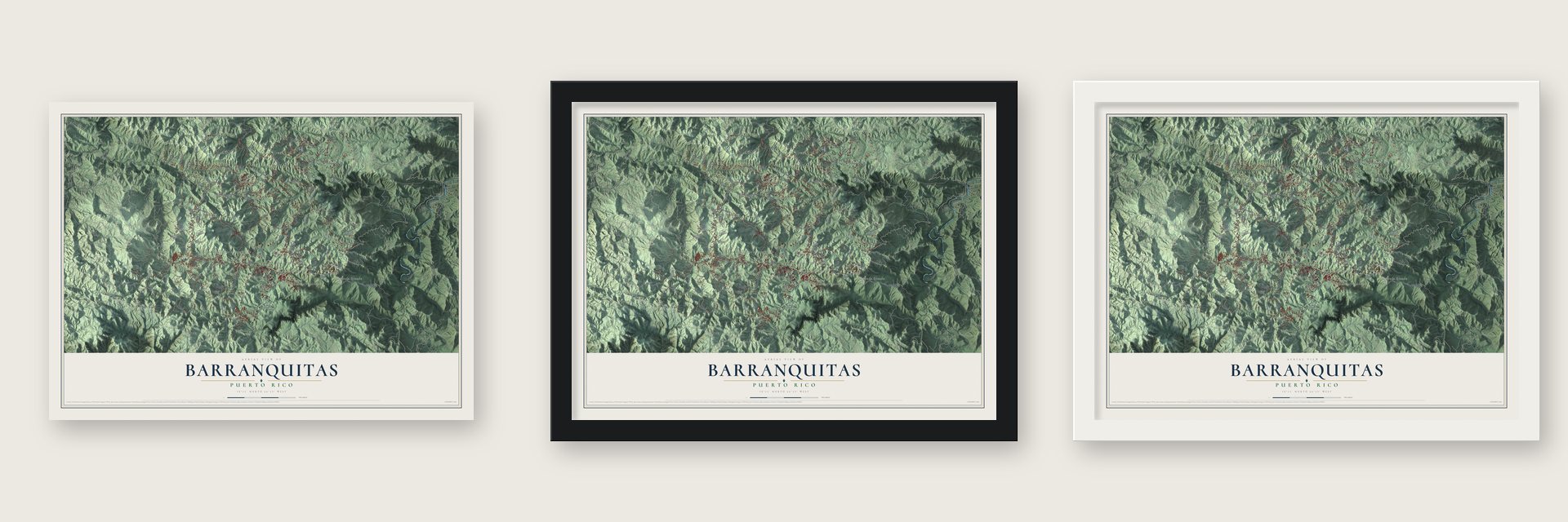 Barranquitas, Puerto Rico map unframed, in a black wood frame and in a white wood frame