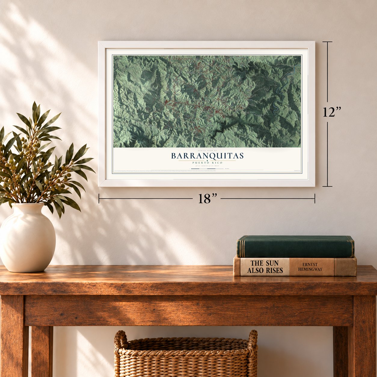 Barranquitas, Puerto Rico map, 12 x 18 inch print in a white frame in an entryway