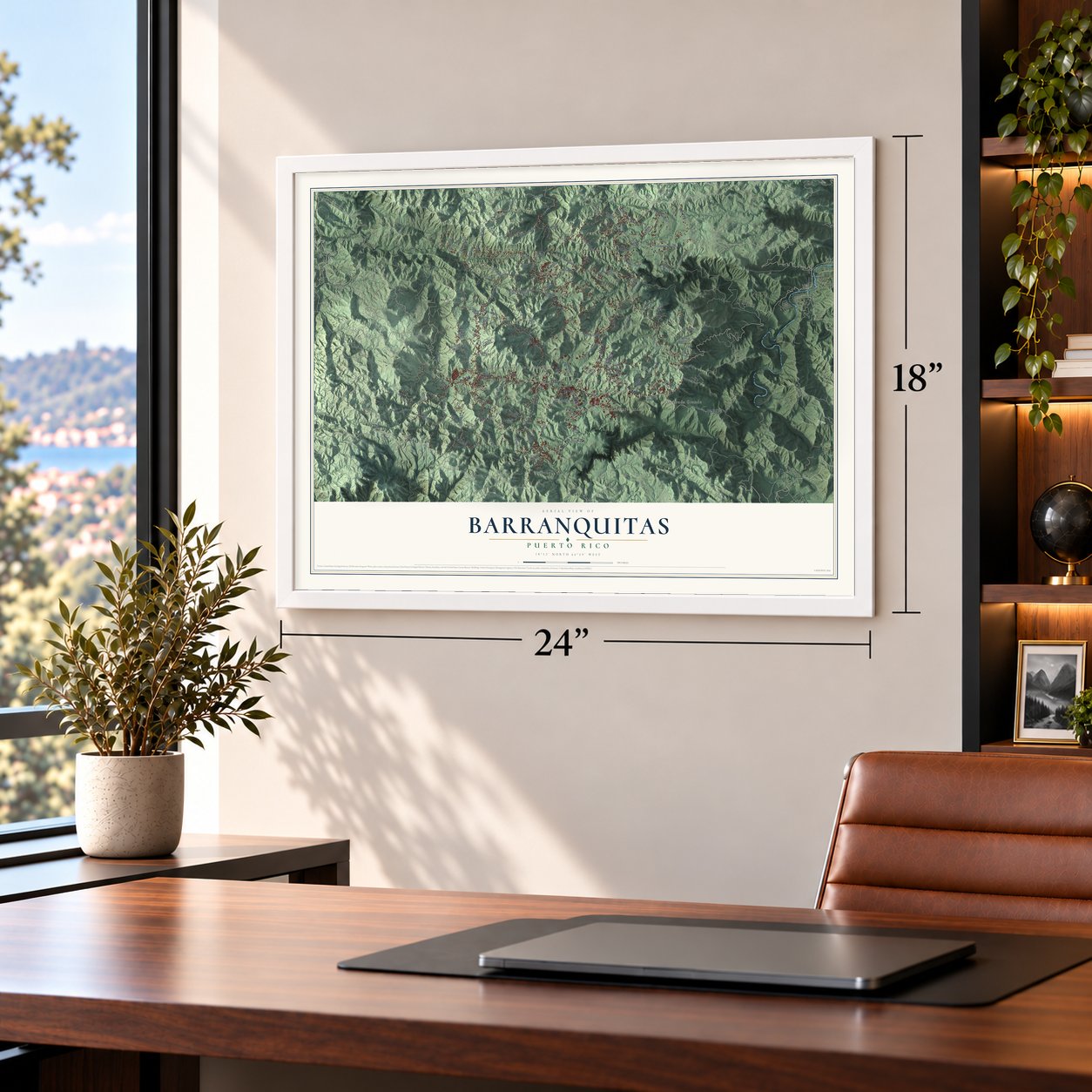 Barranquitas, Puerto Rico map, 18 x 24 inch print in a white frame in a home office