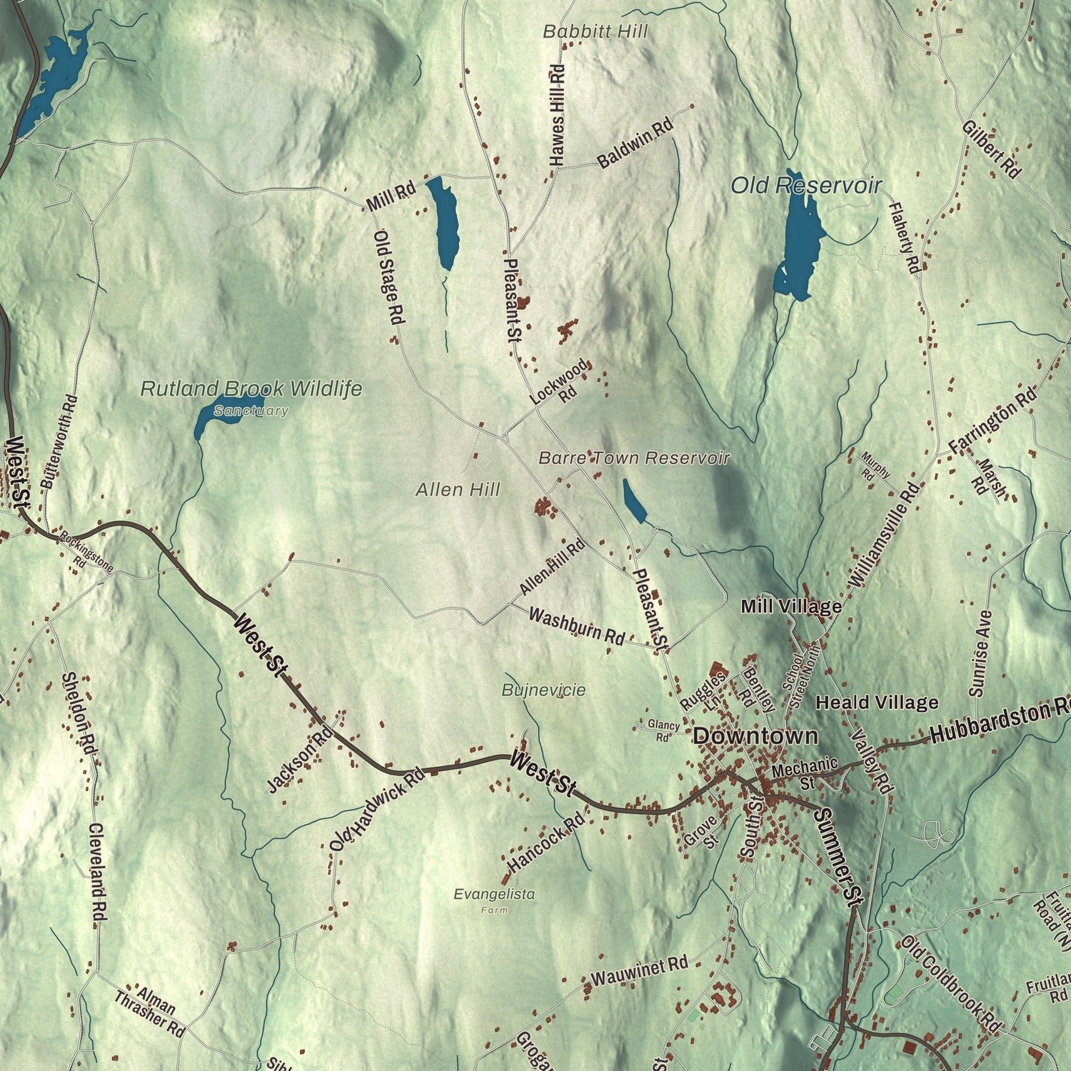 Close-up of the map of Barre, Massachusetts print showing terrain and local geography