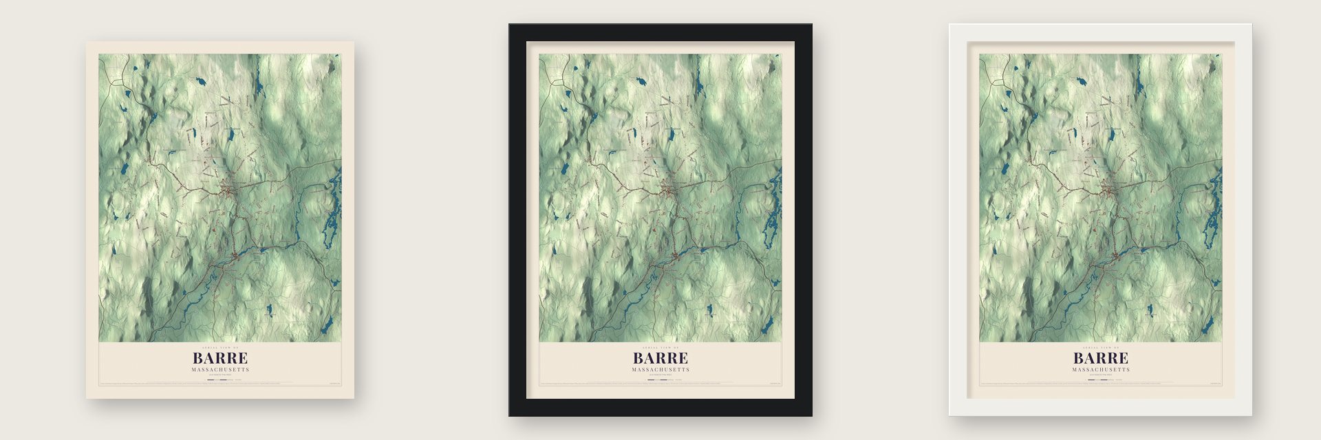 Barre, Massachusetts map unframed, in a black wood frame and in a white wood frame