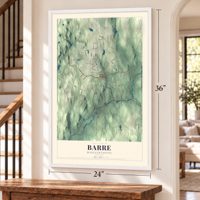 Barre, Massachusetts map, 24 x 36 inch print in a white frame by a staircase