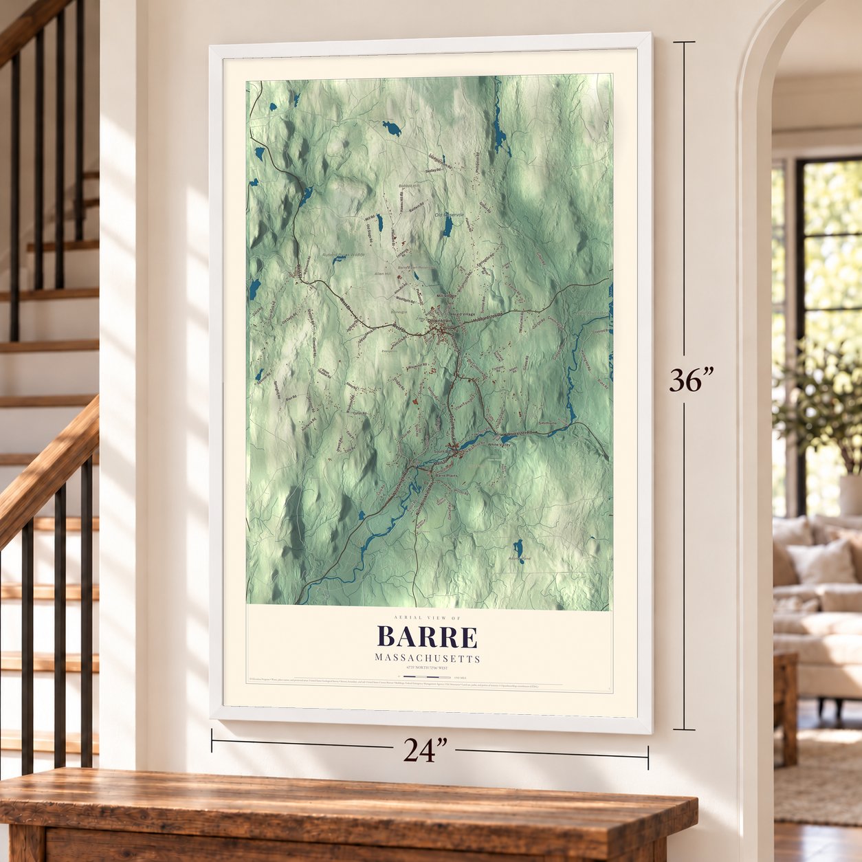 Barre, Massachusetts map, 24 x 36 inch print in a white frame by a staircase