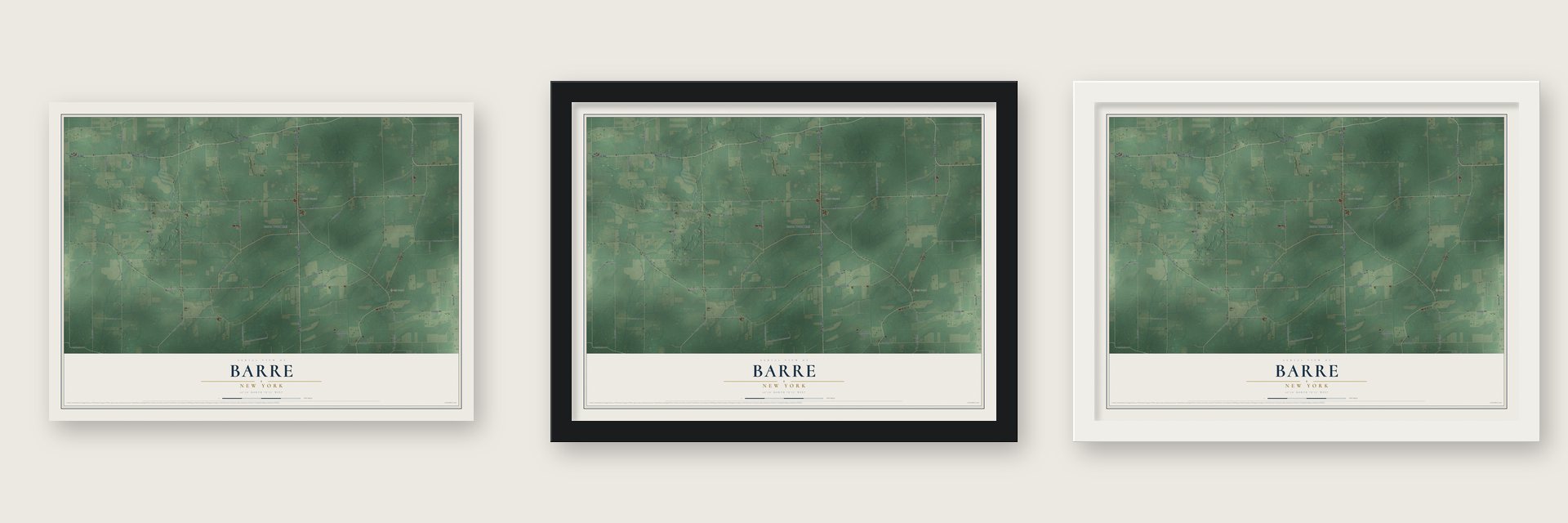 Barre, New York map unframed, in a black wood frame and in a white wood frame