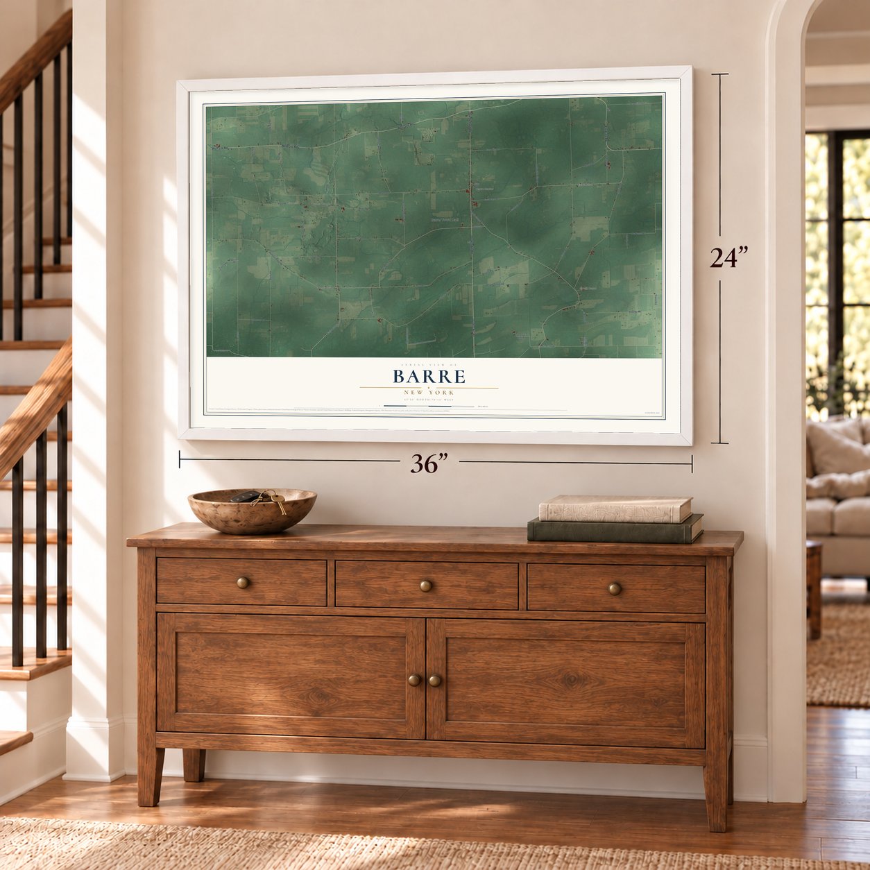 Barre, New York map, 24 x 36 inch print in a white frame above a dresser by a staircase