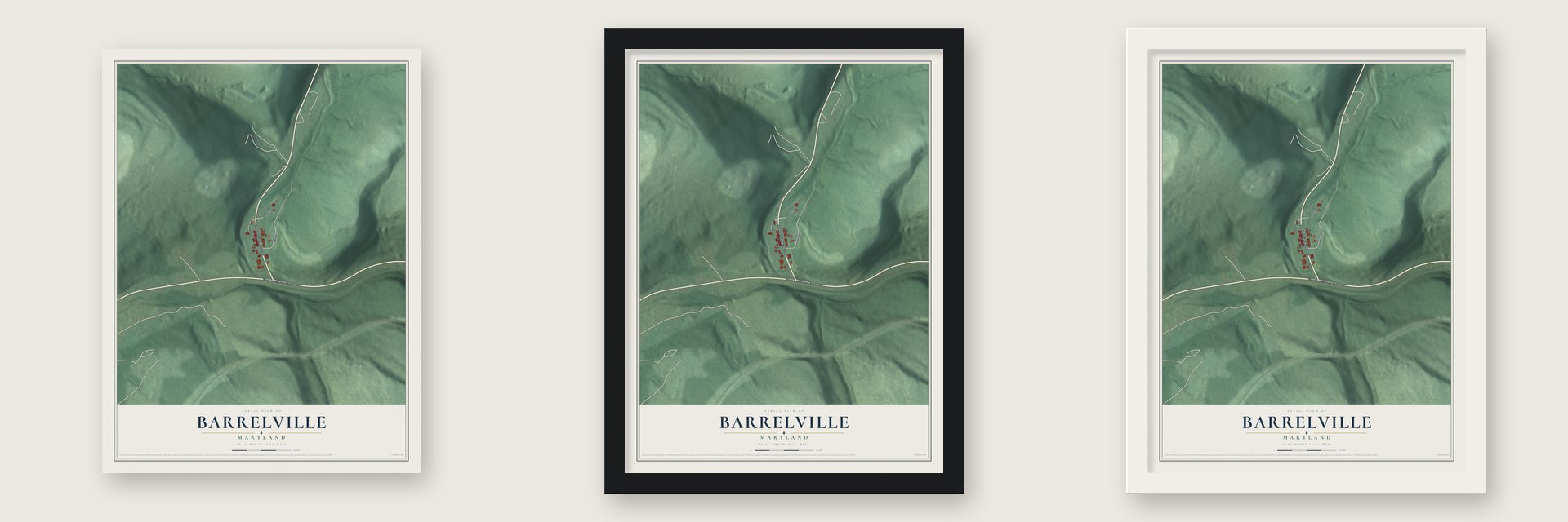 Barrelville, Maryland map unframed, in a black wood frame and in a white wood frame