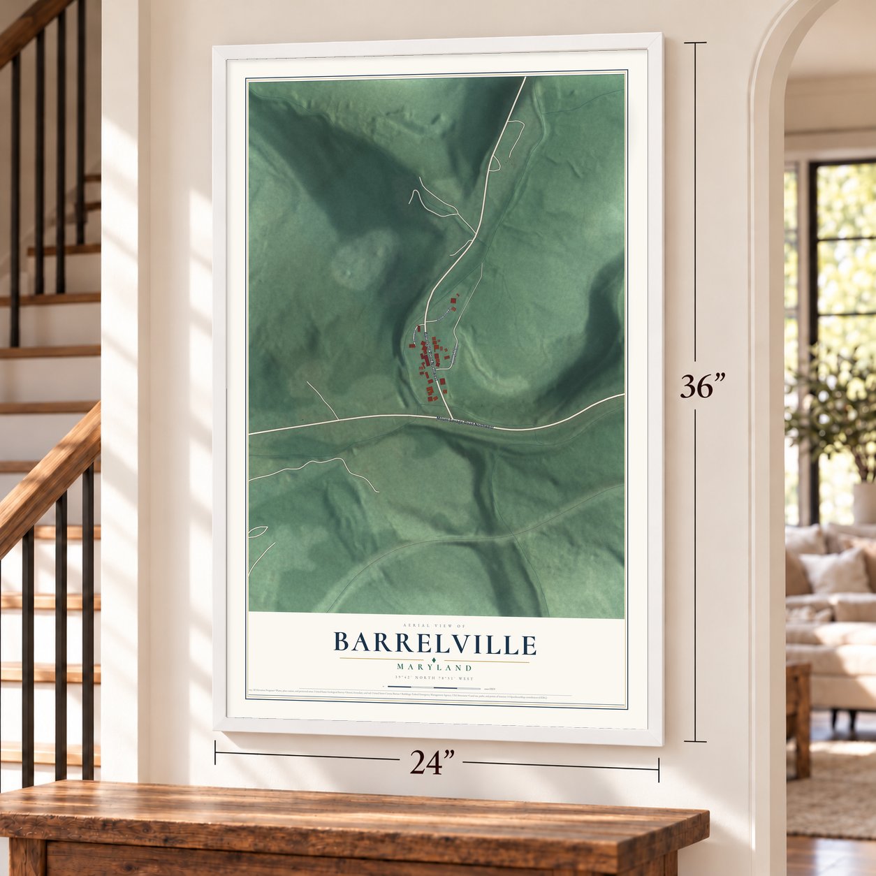 Barrelville, Maryland map, 24 x 36 inch print in a white frame by a staircase