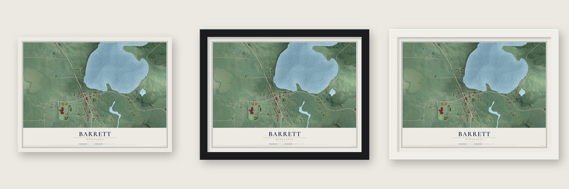 Barrett, Minnesota map unframed, in a black wood frame and in a white wood frame