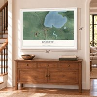 Barrett, Minnesota map, 24 x 36 inch print in a white frame above a dresser by a staircase