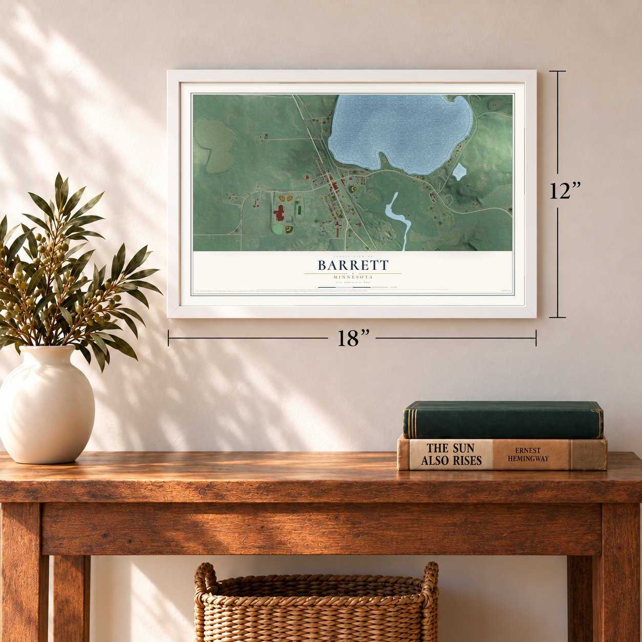 Barrett, Minnesota map, 12 x 18 inch print in a white frame in an entryway