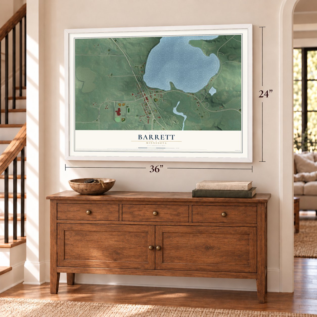 Barrett, Minnesota map, 24 x 36 inch print in a white frame above a dresser by a staircase