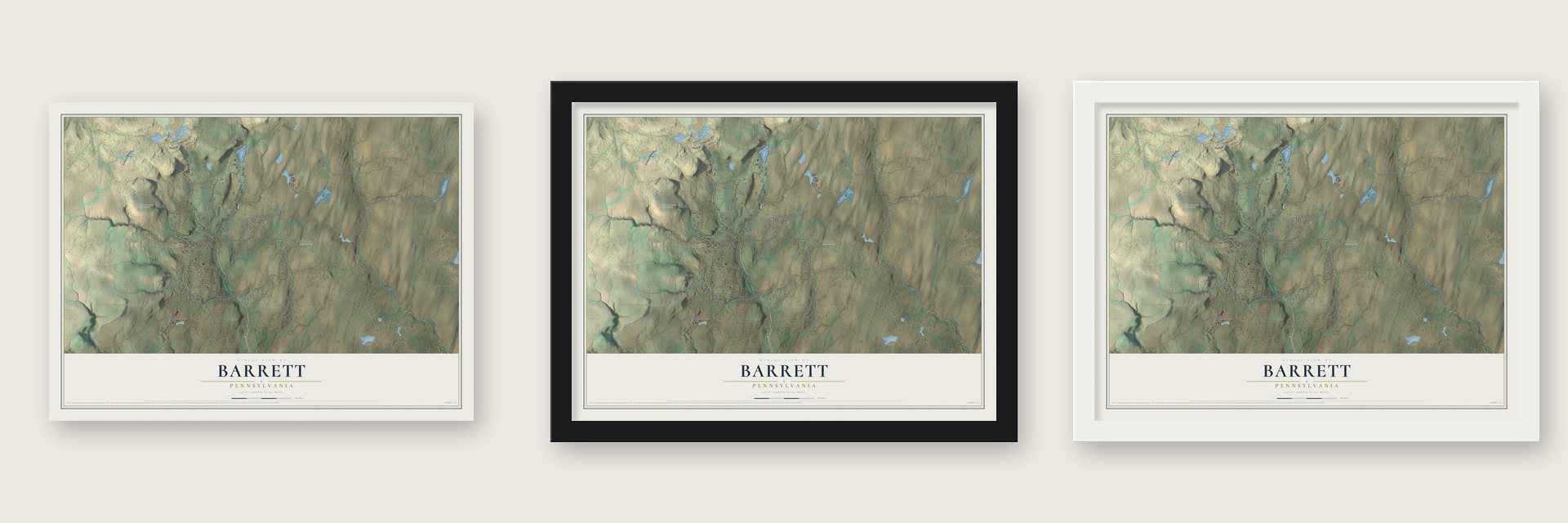 Barrett, Pennsylvania map unframed, in a black wood frame and in a white wood frame