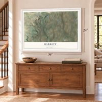 Barrett, Pennsylvania map, 24 x 36 inch print in a white frame above a dresser by a staircase
