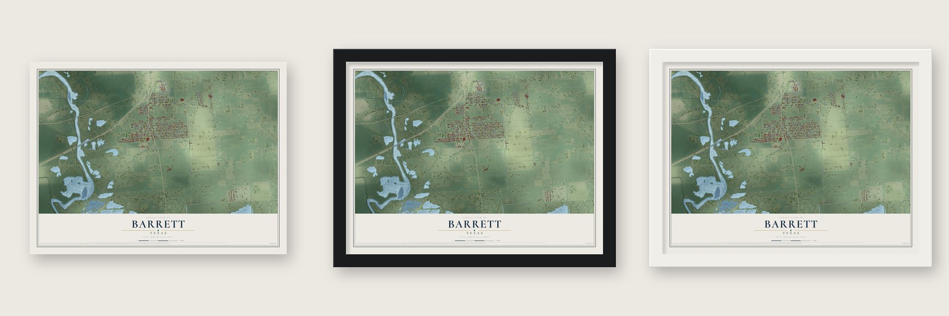 Barrett, Texas map unframed, in a black wood frame and in a white wood frame