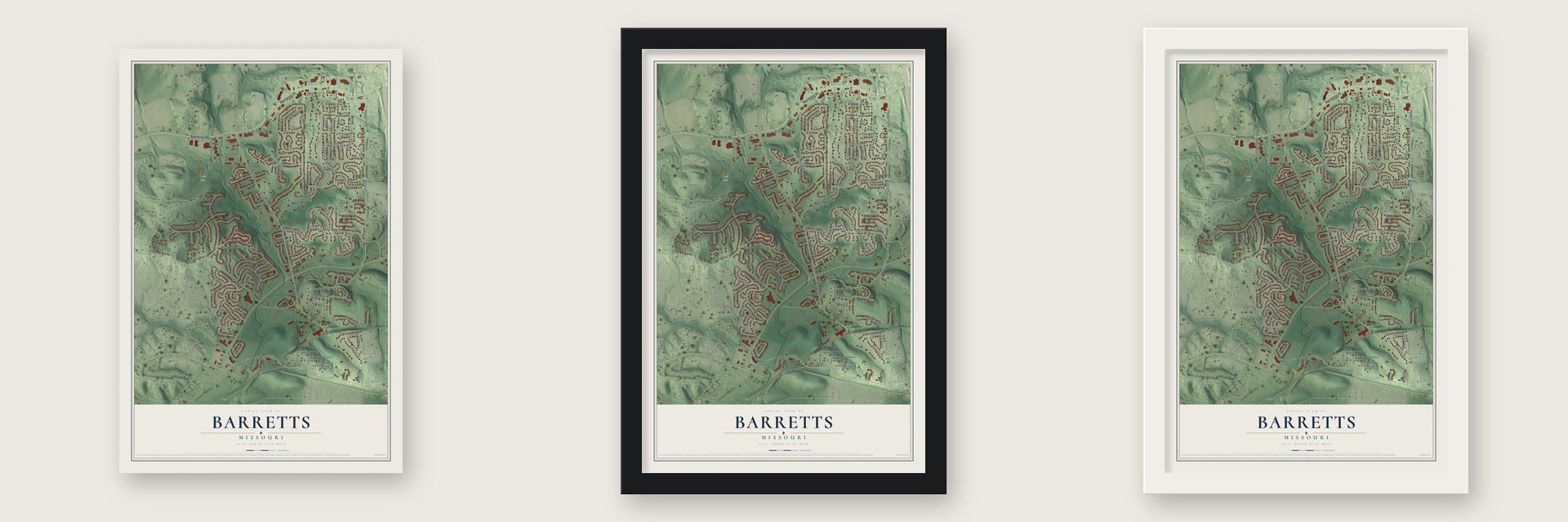 Barretts, Missouri map unframed, in a black wood frame and in a white wood frame