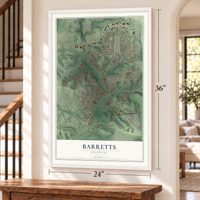 Barretts, Missouri map, 24 x 36 inch print in a white frame by a staircase