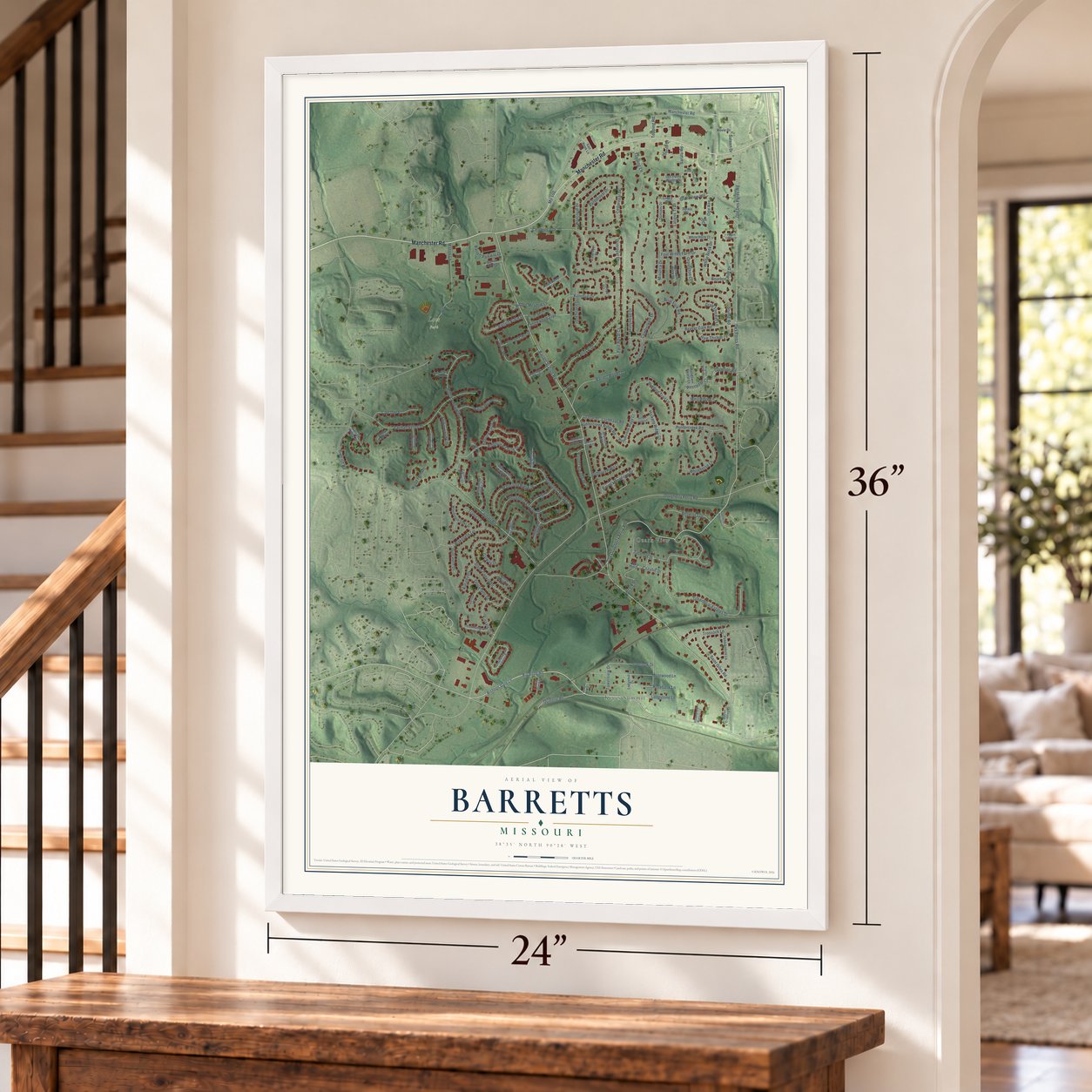 Barretts, Missouri map, 24 x 36 inch print in a white frame by a staircase