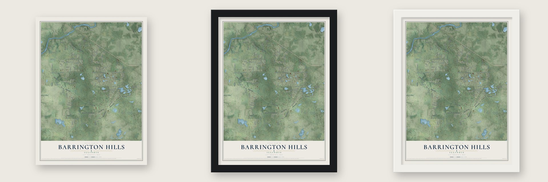 Barrington Hills, Illinois map unframed, in a black wood frame and in a white wood frame