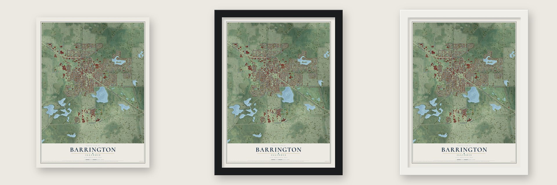 Barrington, Illinois map unframed, in a black wood frame and in a white wood frame
