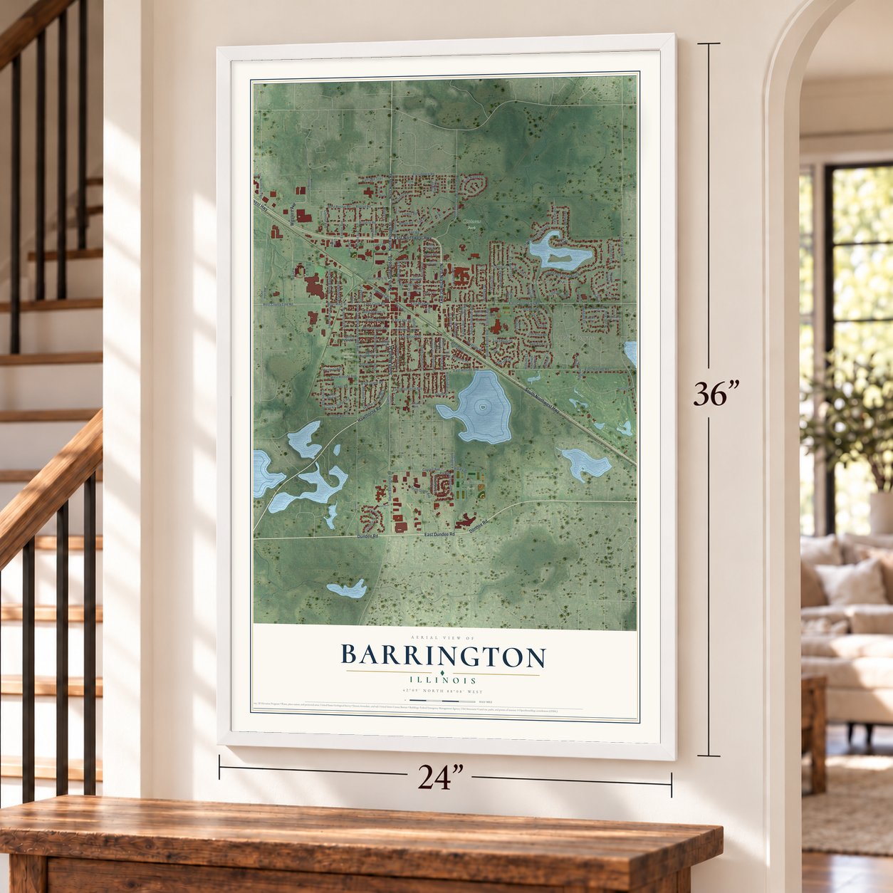 Barrington, Illinois map, 24 x 36 inch print in a white frame by a staircase