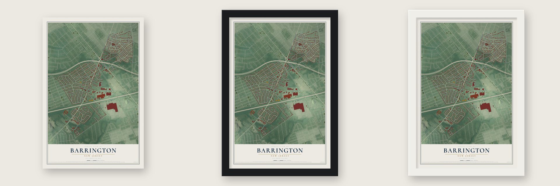 Barrington, New Jersey map unframed, in a black wood frame and in a white wood frame