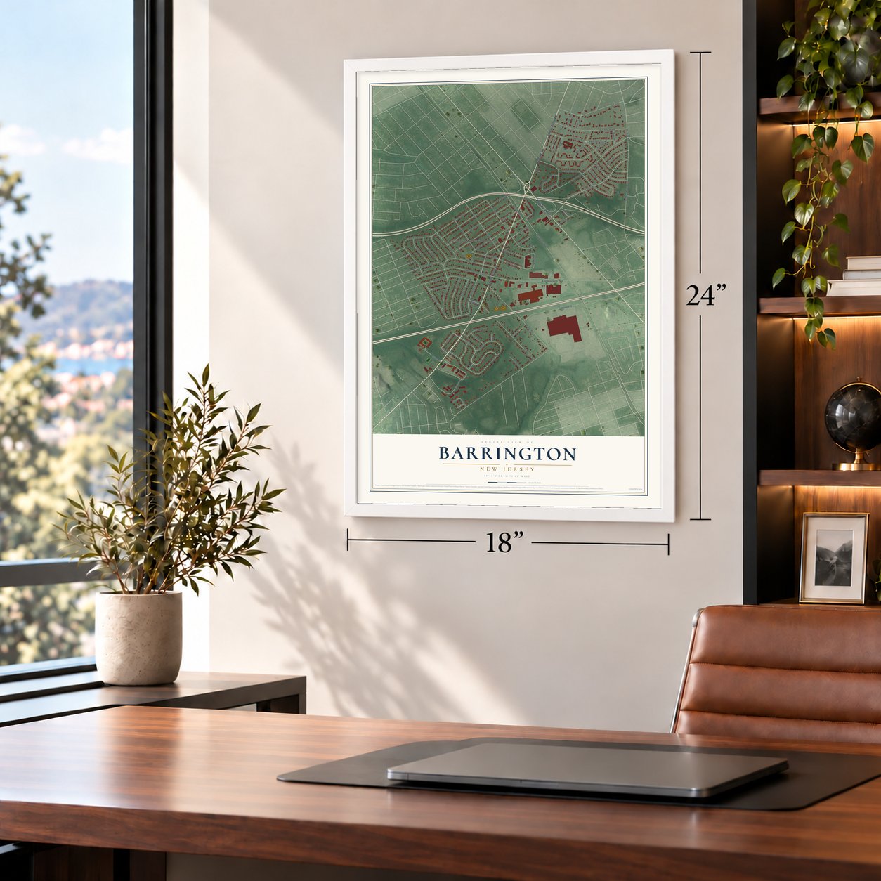 Barrington, New Jersey map, 18 x 24 inch print in a white frame in a home office