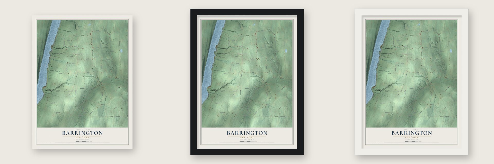 Barrington, New York map unframed, in a black wood frame and in a white wood frame