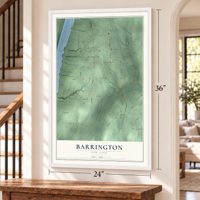 Barrington, New York map, 24 x 36 inch print in a white frame by a staircase