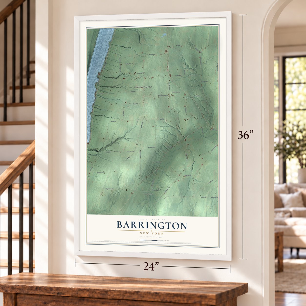 Barrington, New York map, 24 x 36 inch print in a white frame by a staircase