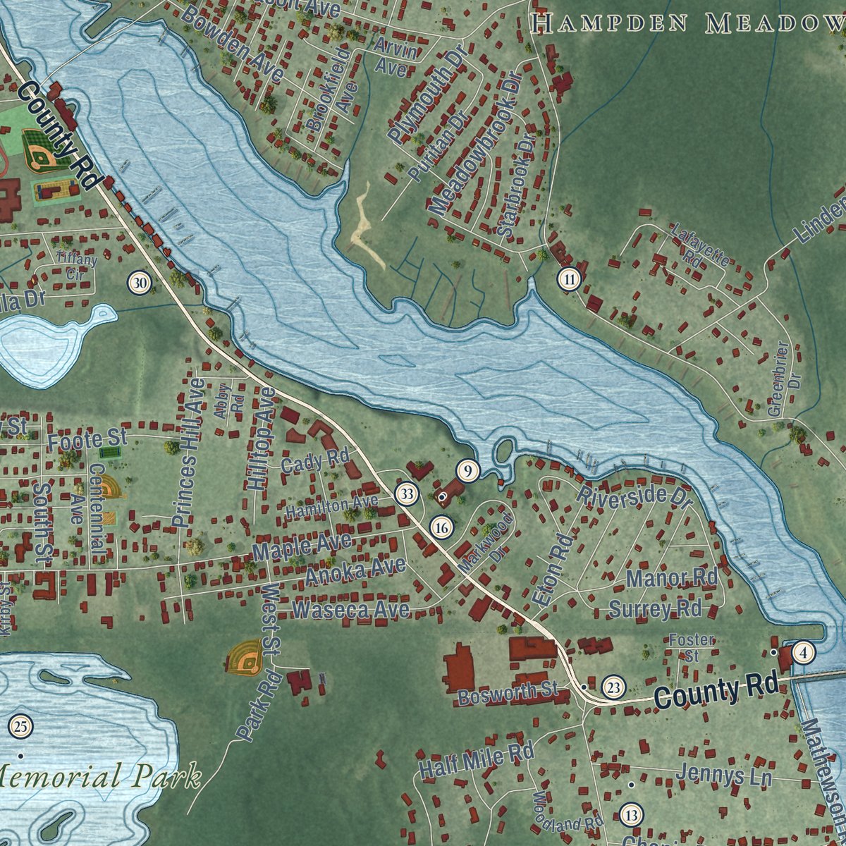 Second close-up of the map of Barrington, Rhode Island print showing more streets and buildings