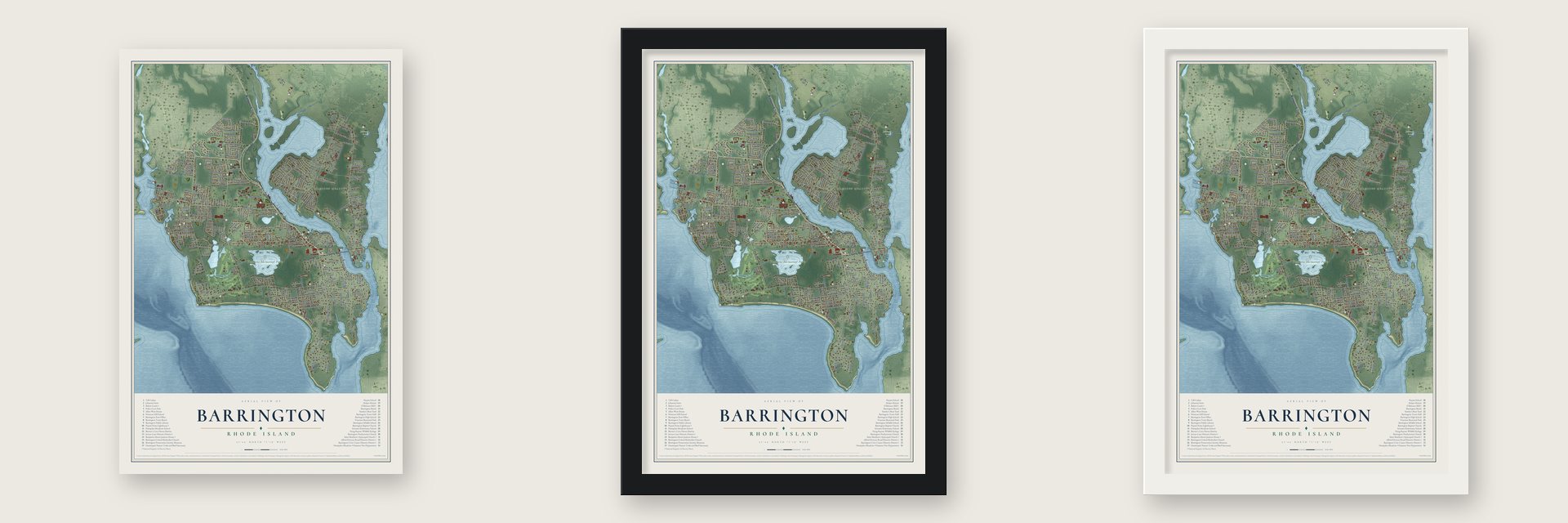Barrington, Rhode Island map unframed, in a black wood frame and in a white wood frame