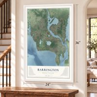 Barrington, Rhode Island map, 24 x 36 inch print in a white frame by a staircase
