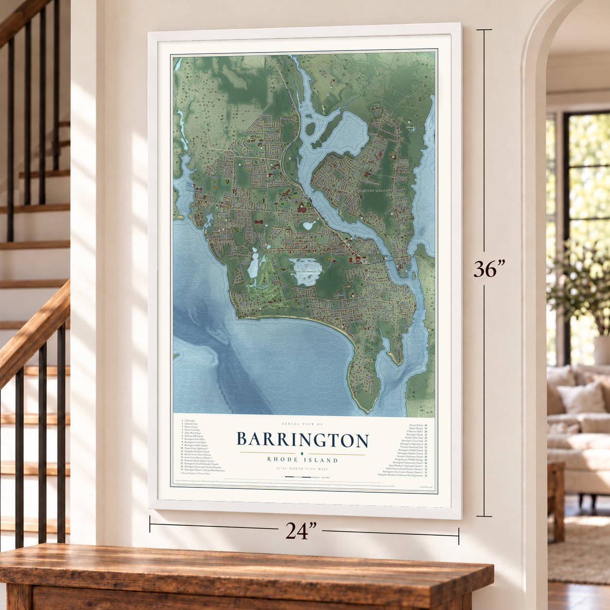 Barrington, Rhode Island map, 24 x 36 inch print in a white frame by a staircase