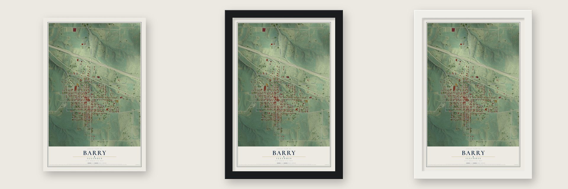 Barry, Illinois map unframed, in a black wood frame and in a white wood frame