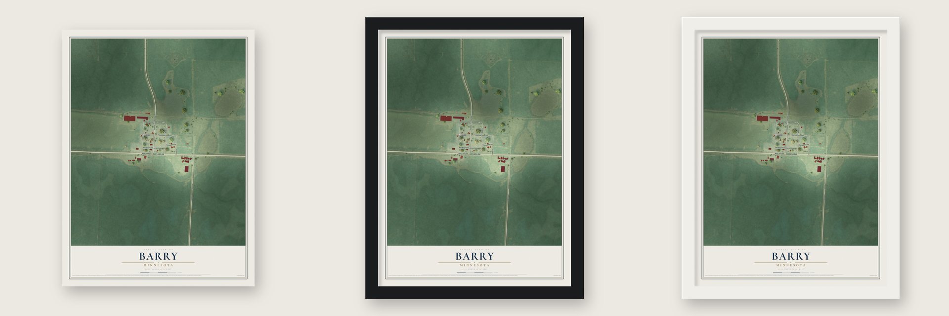Barry, Minnesota map unframed, in a black wood frame and in a white wood frame