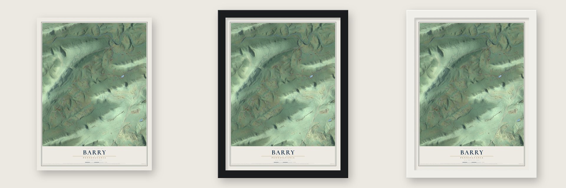 Barry, Pennsylvania map unframed, in a black wood frame and in a white wood frame