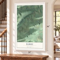 Barry, Pennsylvania map, 24 x 36 inch print in a white frame by a staircase