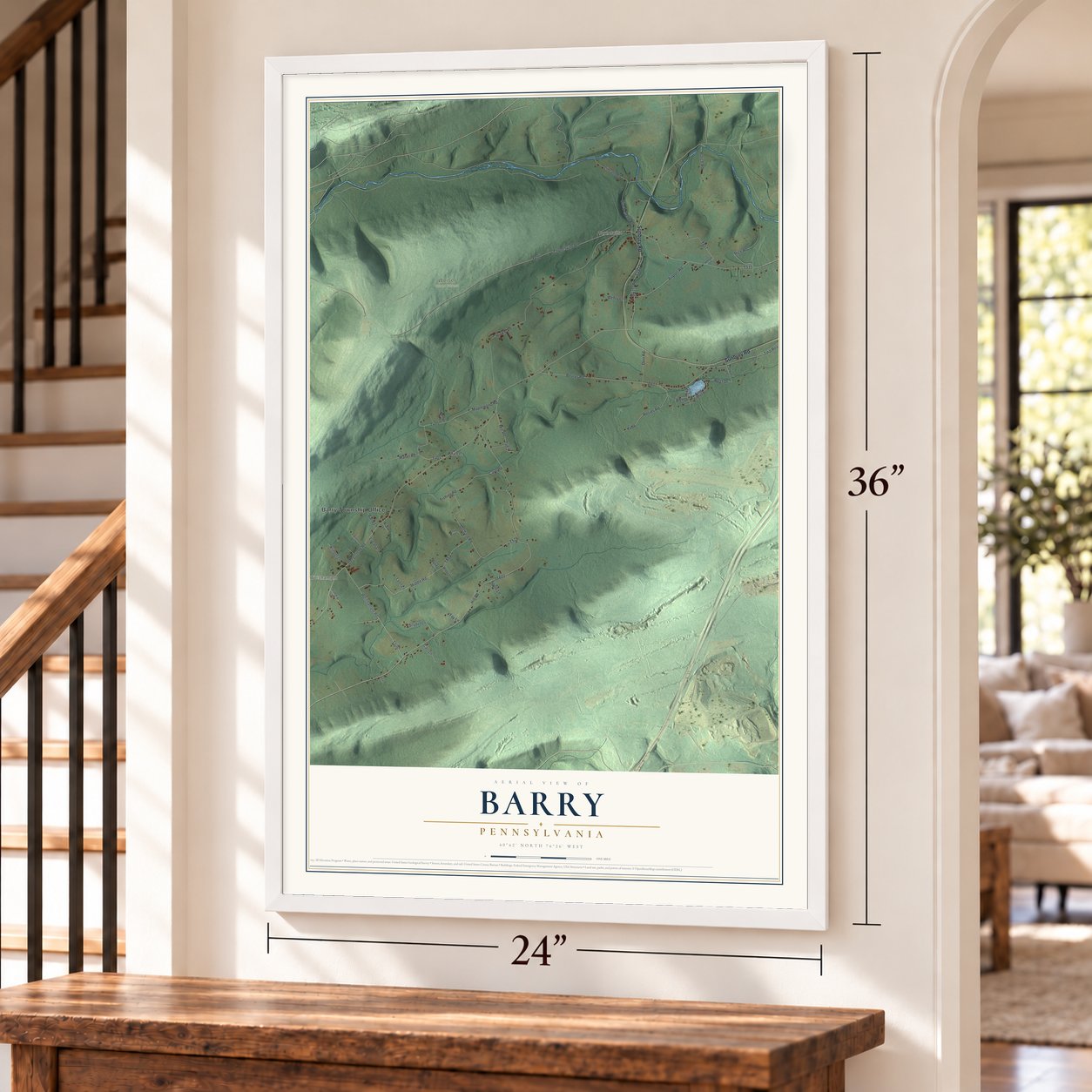 Barry, Pennsylvania map, 24 x 36 inch print in a white frame by a staircase