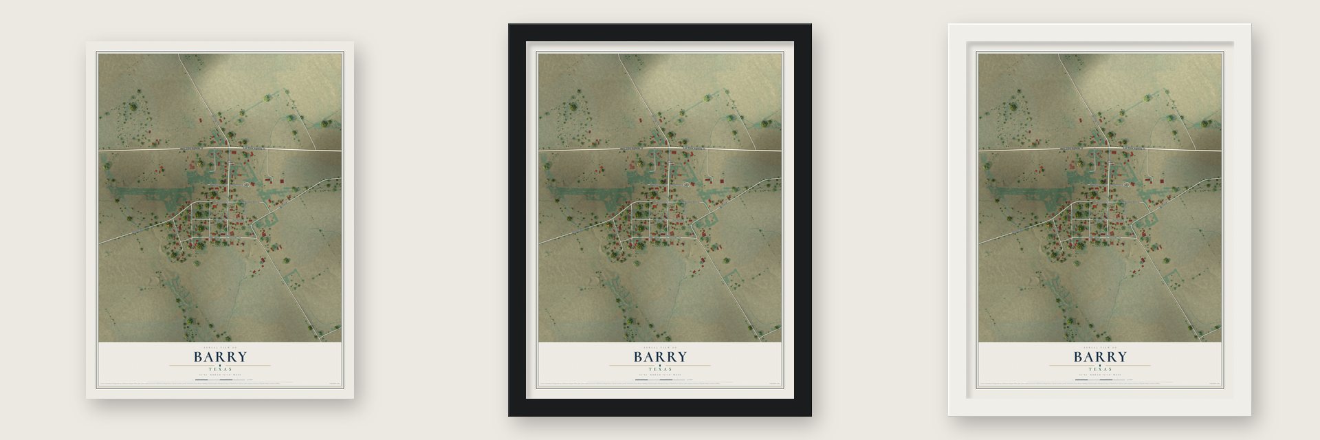 Barry, Texas map unframed, in a black wood frame and in a white wood frame