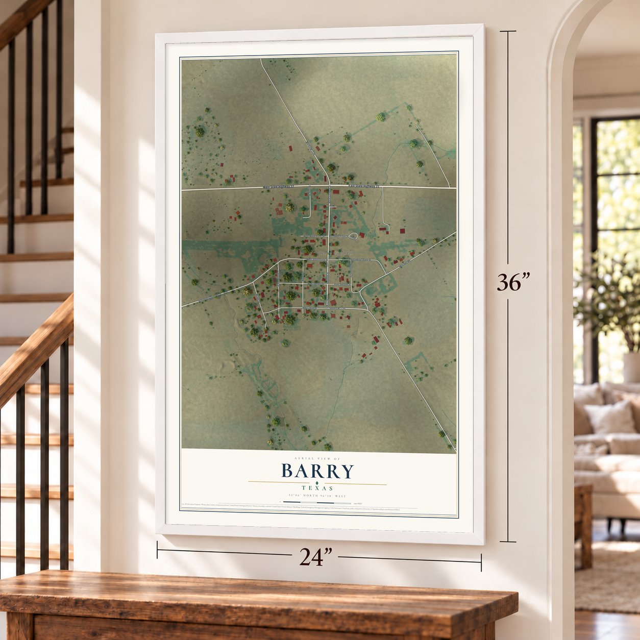 Barry, Texas map, 24 x 36 inch print in a white frame by a staircase